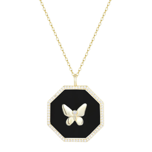 Yellow Sterling Silver Gold Plated Octagon Black Enamel and Crystal Butterfly Pendant