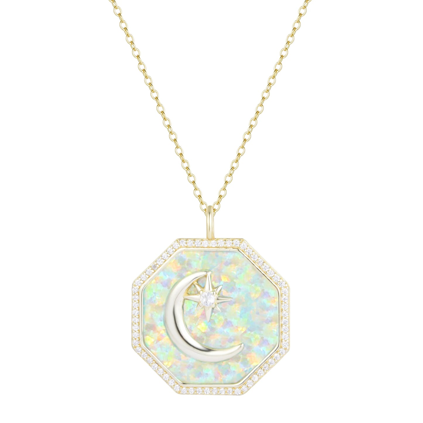 Lady's Yellow Sterling Silver Octagon Opal and Crystal Moon Medallion Pendant