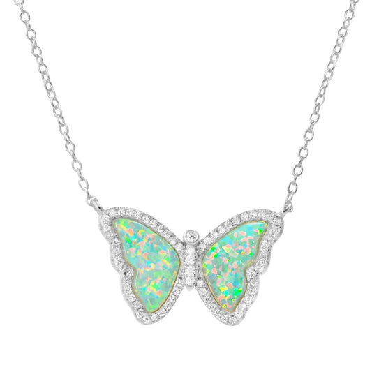Sterling Silver Rhodium Plated Lab Created Opal/Crystal Butterfly Necklace