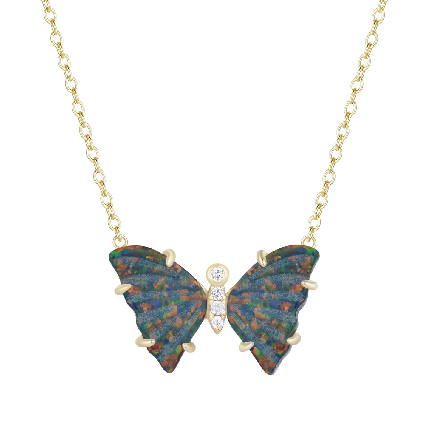 Yellow Sterling Silver Gold Plated Stationary Lab Created Opal/Crystal Butterfly Necklace