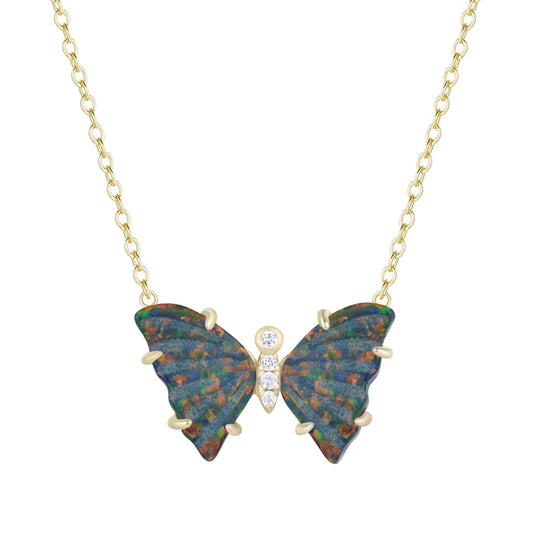 Yellow Sterling Silver Gold Plated Stationary Lab Created Opal/Crystal Butterfly Necklace