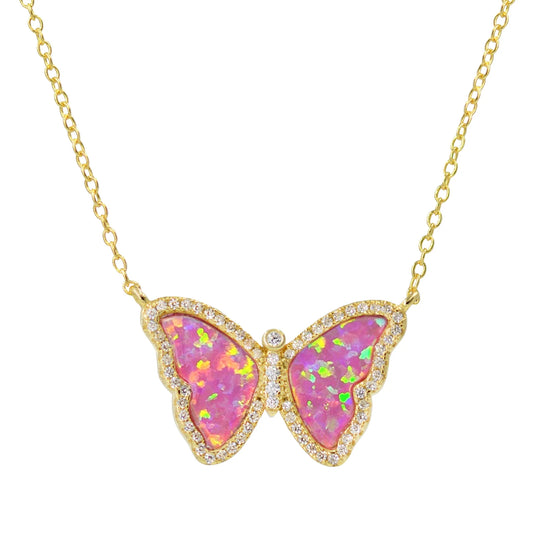 Yellow Sterling Silver Gold Plated Stationary Lab Created Opal/Crystal Butterfly Necklace