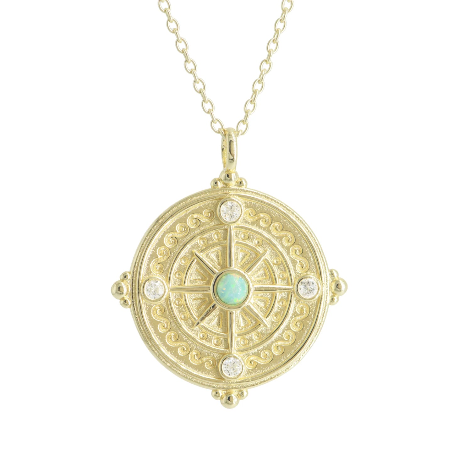Yellow Sterling Silver Gold Plated Compass Medallion with Opal Pendant&nbsp;
