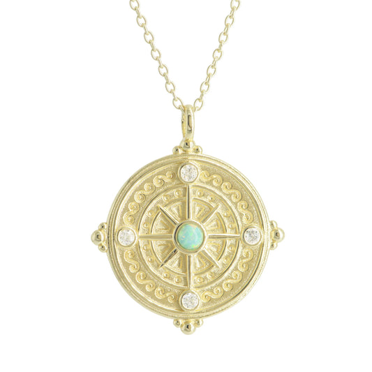 Yellow Sterling Silver Gold Plated Compass Medallion with Opal Pendant&nbsp;