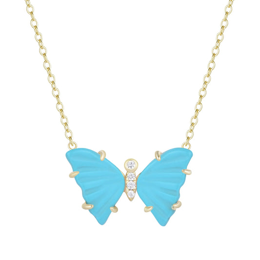 Yellow Sterling Silver Lab Created Turquoise/Crystal Prong Butterfly Necklace