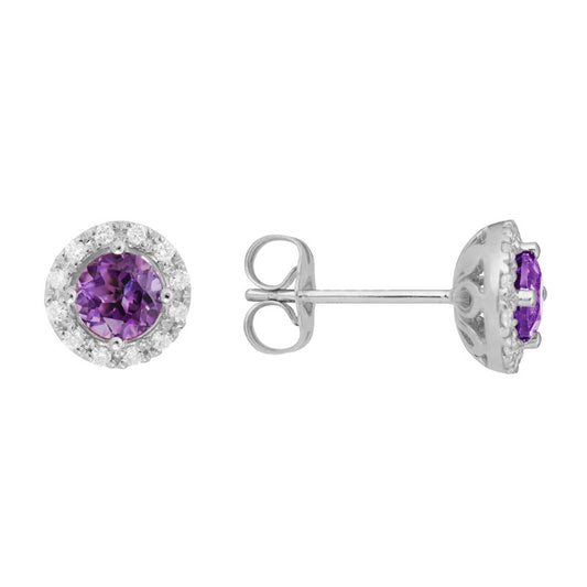 Lady's White 14 Karat Amethyst & Diamond Halo Stud Earrings