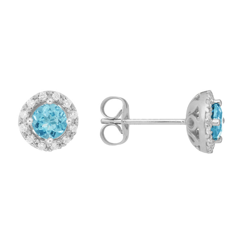 Lady's White 14 Karat Swiss Blue Topaz & Diamond Halo Stud Earrings