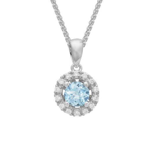 Lady's White 14 Karat Aquamarine with Diamond Halo Pendant