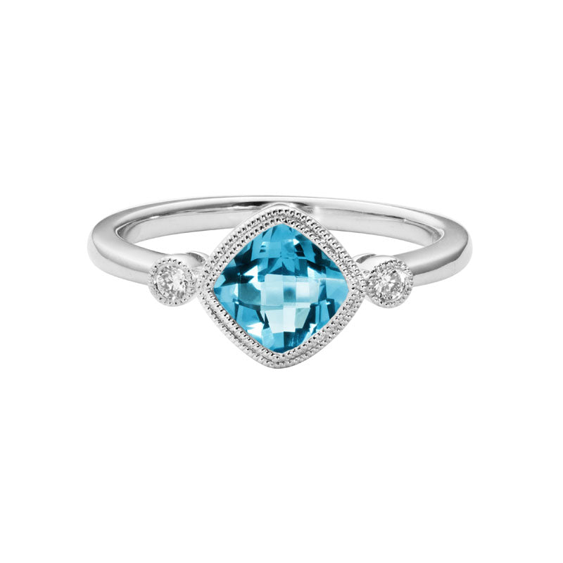 Lady's White 14 Karat Swiss Blue Topaz & Diamond Bezel Fashion Ring
