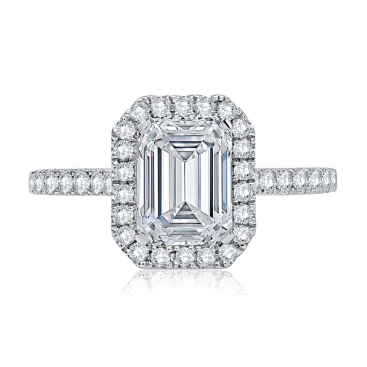 A. Jaffe Emerald Cut Diamond Halo Engagement Ring with Quilted Interior