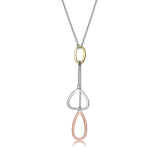 Elle Tri-Tone Sterling Silver Gold and Rhodium Plated Fancy Link Y Necklace
