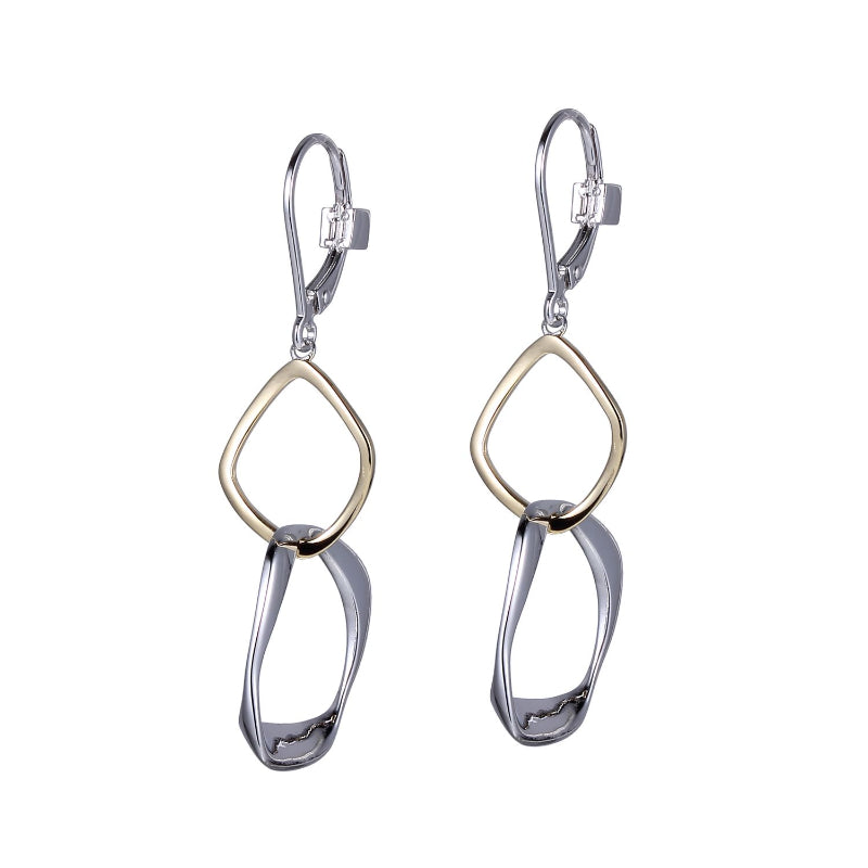Elle Lady's Two Tone Sterling Silver Gold Plated Double Square Link Drop Earrings